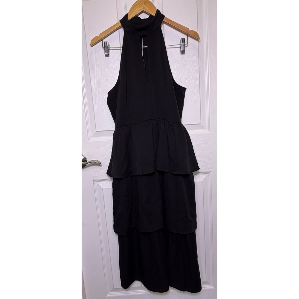 Amanda Uprichard Shanae Dress Women Size‎ M Black Tiered Halter Midi Keyhole NEW - Picture 2 of 12